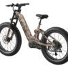 The Onyx ST Ebike, featuring a camouflage pattern, step-through frame, and wide knobby fat tires, is shown from a front-side angle.