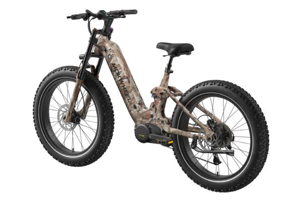 The Onyx ST Ebike, featuring a camouflage pattern, step-through frame, and wide knobby fat tires, is shown from a front-side angle.