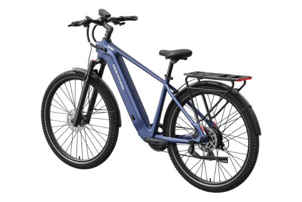 The Tarmac Ebike, shown in blue with rear cargo rack, fenders, disc brakes, and a handlebar-mounted display, is viewed from the side and slightly behind.