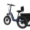 The Granite E-Trike, shown on a white background, is a blue electric tricycle featuring a padded seat, backrest, and a large black cargo basket positioned over its two rear wheels.