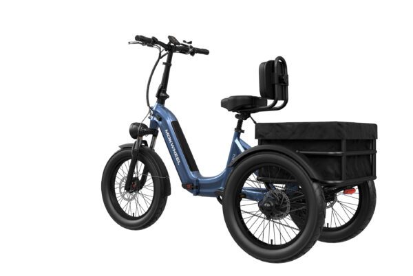 The Granite E-Trike, shown on a white background, is a blue electric tricycle featuring a padded seat, backrest, and a large black cargo basket positioned over its two rear wheels.