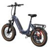The Slate Ebike is a step-through electric bicycle with fat tires, front suspension, a rear cargo rack, and a blue frame, shown on a white background.