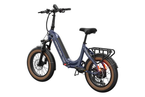 The Slate Ebike is a step-through electric bicycle with fat tires, front suspension, a rear cargo rack, and a blue frame, shown on a white background.