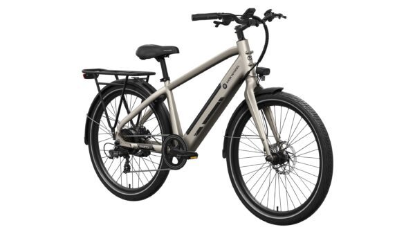 The Mesa Lite Ebike, shown in silver with a rear rack, black saddle, disc brakes, and front/rear fenders, is pictured from an angled side view against a white background.