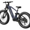The Onyx Ebike is a dark blue fat tire electric mountain bike with a sturdy frame, wide tires, and front suspension, shown on a white background.