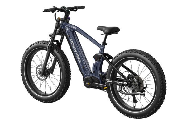 The Onyx Ebike is a dark blue fat tire electric mountain bike with a sturdy frame, wide tires, and front suspension, shown on a white background.