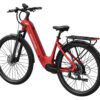 Tarmac ST Ebike in red, featuring a step-through frame, front suspension, rear cargo rack, and digital display. Shown from a rear side angle against a white background.