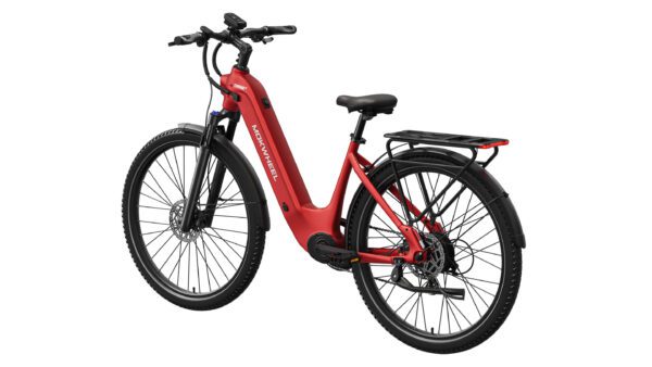 Tarmac ST Ebike in red, featuring a step-through frame, front suspension, rear cargo rack, and digital display. Shown from a rear side angle against a white background.