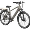 The Asphalt Ebike, a gray electric bicycle with front and rear fenders, disc brakes, a rear cargo rack, and a step-over frame, is shown angled from the rear right side.