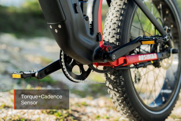 Close-up view of the pedal, chain, and crank area of the Obsidian ST Ebike with the label "Torque+Cadence Sensor" in the bottom left corner.