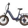 The Slate Ebike is a blue folding electric bicycle with tan tires, front suspension, a step-through frame, rear rack, and visible branding, shown on a white background.