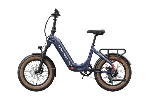 The Slate Ebike is a blue folding electric bicycle with tan tires, front suspension, a step-through frame, rear rack, and visible branding, shown on a white background.