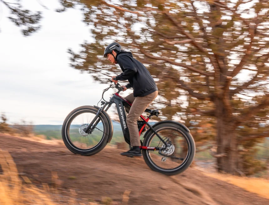 A person wearing a helmet rides an electric bicycle uphill on a dirt path with trees and grass in the background.