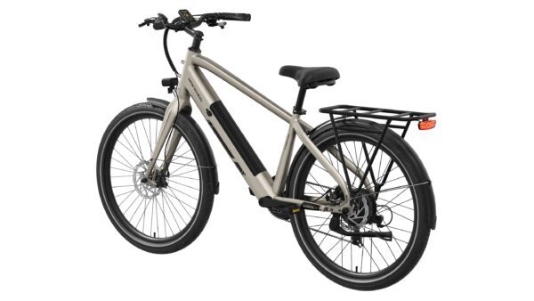 The Mesa Lite Ebike, shown from a rear-side angle, features a beige frame, black rear rack, disc brakes, and a frame-mounted battery.