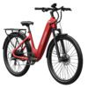 The Tarmac ST Ebike, shown from a front-side angle against a white background, features a red step-through frame, front suspension fork, rear cargo rack, and disc brakes.