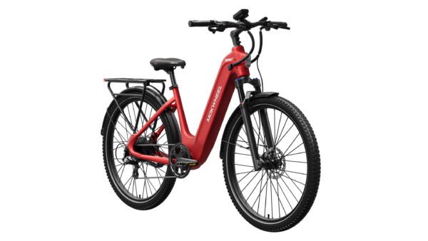 The Tarmac ST Ebike, shown from a front-side angle against a white background, features a red step-through frame, front suspension fork, rear cargo rack, and disc brakes.