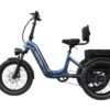 The Granite E-Trike, a blue electric adult tricycle with a step-through frame, rear cargo basket, padded seat with backrest, and fat tires, is shown in side profile on a white background.