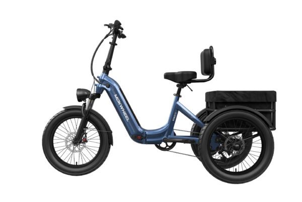 The Granite E-Trike, a blue electric adult tricycle with a step-through frame, rear cargo basket, padded seat with backrest, and fat tires, is shown in side profile on a white background.
