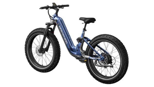 The Obsidian ST Ebike in blue features fat tires, a step-through frame, front suspension fork, rear rack mount, and a handlebar display, shown from a rear side view.