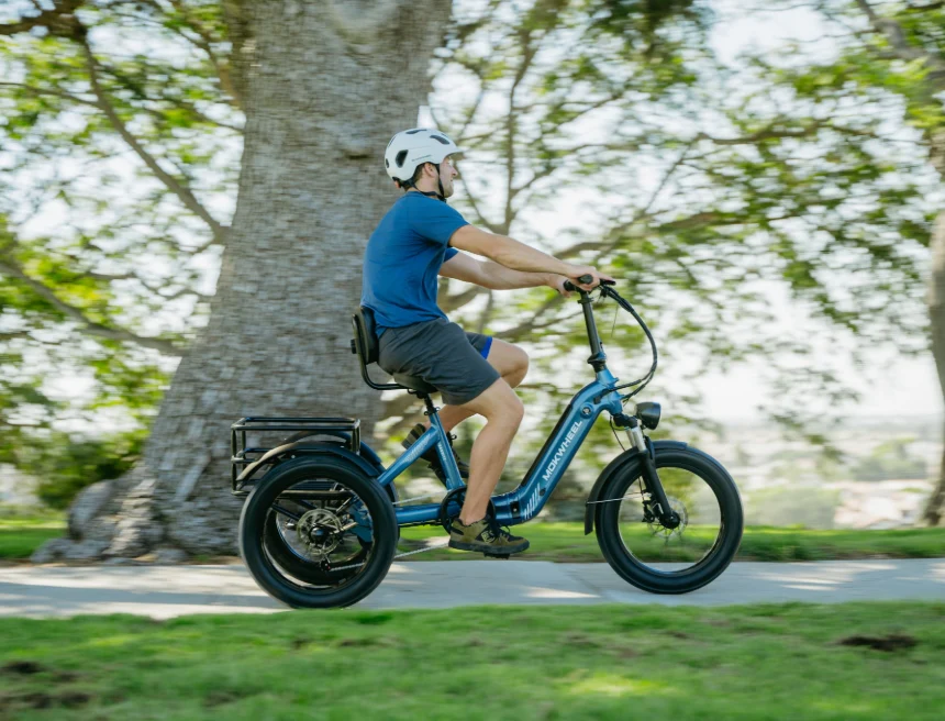 A person wearing a helmet rides a blue electric tricycle on a paved path near a large tree in a park.