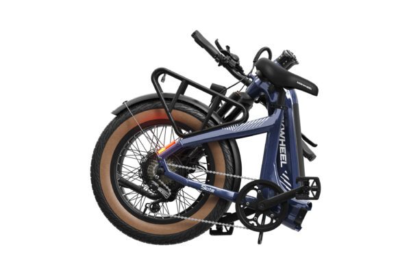 The Slate Ebike, a blue folding electric bicycle, is compactly folded to display its wheels, frame, pedals, and handlebars against a white background.