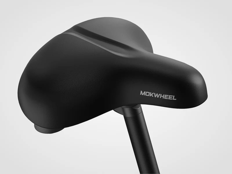 Black bicycle seat with the word "MOKWHEEL" printed on the side, mounted on a seat post against a plain white background.