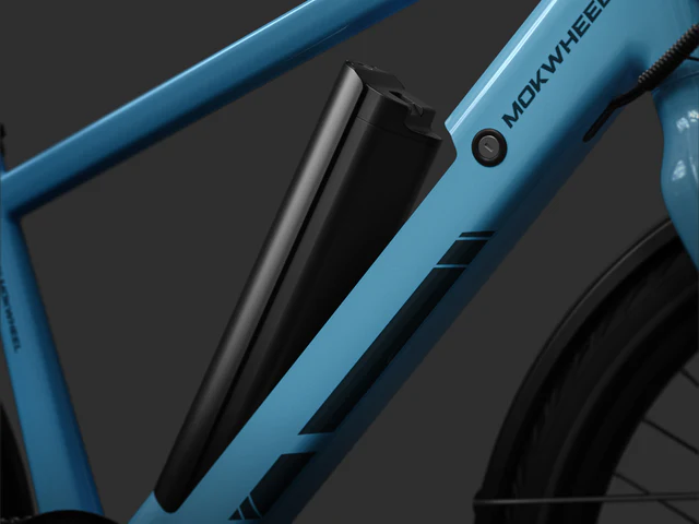 Close-up of a blue Mokwheel bicycle frame featuring a black, cylindrical battery attached to the downtube.