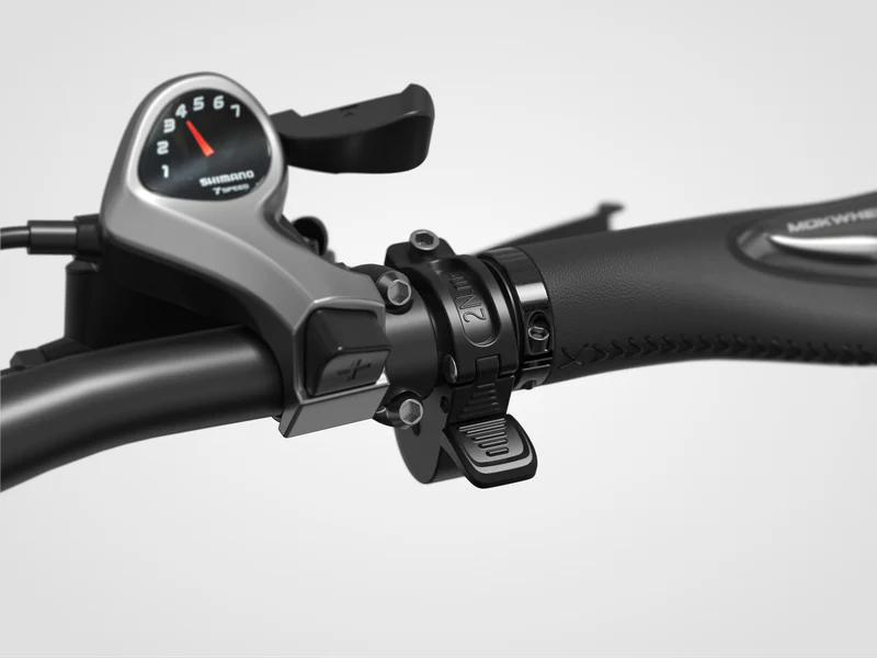 Close-up of a bicycle handlebar showing a Shimano gear shifter, a lever, and part of a textured grip against a plain background.