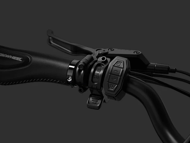 Close-up of a bicycle handlebar showing a grip, brake lever, and an electronic control panel with buttons, set against a dark background.