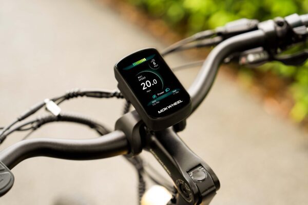 Close-up of the Tarmac Ebike handlebar featuring a digital display showing speed, battery level, and settings, with a blurred outdoor background.