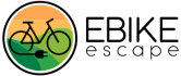 Logo featuring a black bicycle with an electric plug, set against a green and orange background, next to the text "EBIKE escape" in black letters.