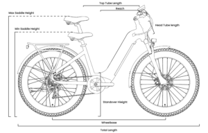 Black and white illustration of a step-through frame bicycle with front and rear lights, fenders, and a rear rack, shown from the side.