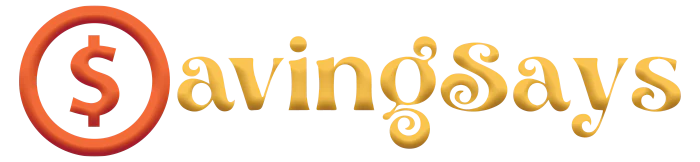 The image shows the logo for "Saving Says" with the first letter 'S' inside an orange circle, followed by the text "avingSays" in yellow stylized font.
