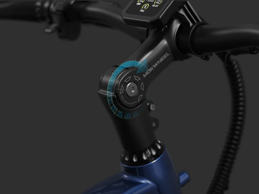 Close-up of an e-bike handlebar stem with display screen and adjustment mechanism, featuring the Mokwheel logo and a highlighted rotary dial for angle adjustment.