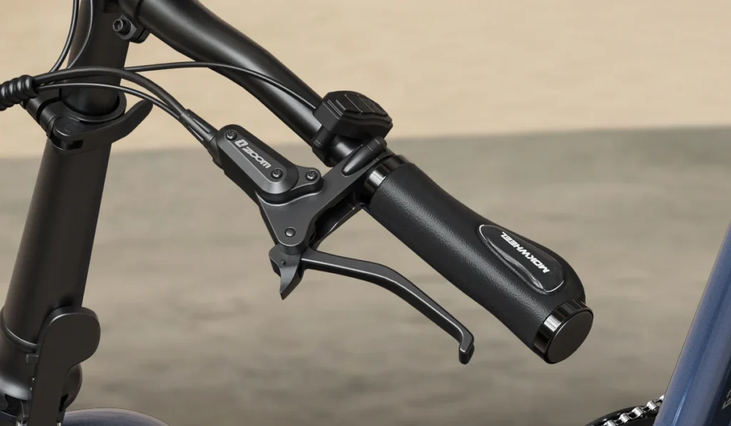 Close-up of a bicycle handlebar showing the brake lever, gear shifter, and a grip with the brand "ROMWHEEL" visible.