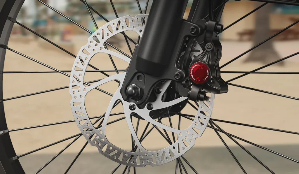 Close-up of a bicycle front wheel showing the disc brake rotor, caliper, and spokes.