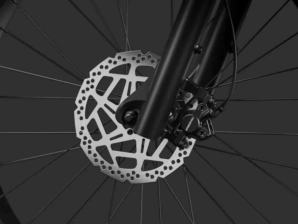 Close-up view of a bicycle front wheel featuring a disc brake rotor and caliper attached to the fork, with spokes radiating outward.