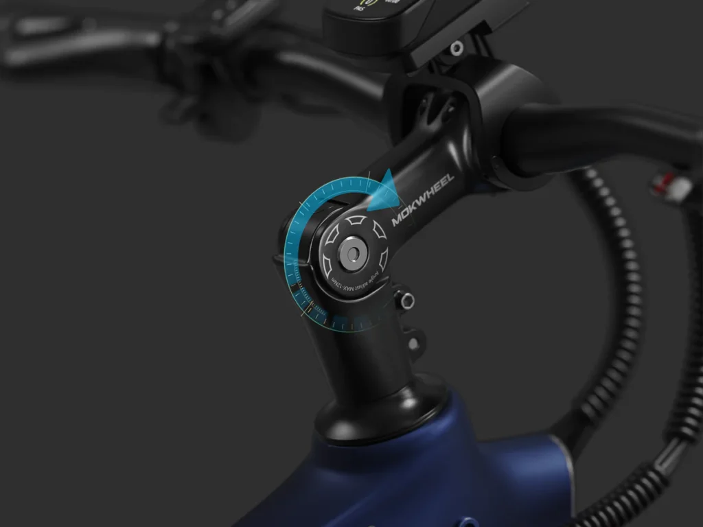 Close-up of the adjustable handlebar stem of an electric bicycle, showing angle measurements and the MOKWHEEL logo on the stem.