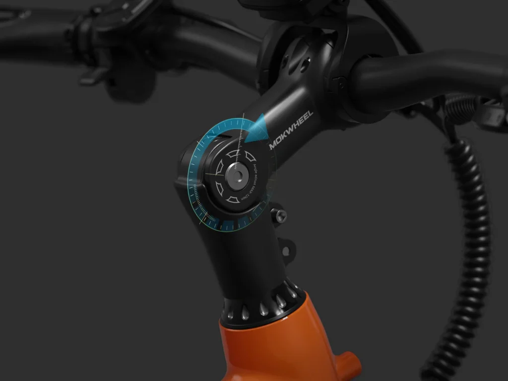 Close-up of an adjustable bicycle handlebar stem with a digital angle indicator display, labeled "MOKWHEEL," on an orange frame.