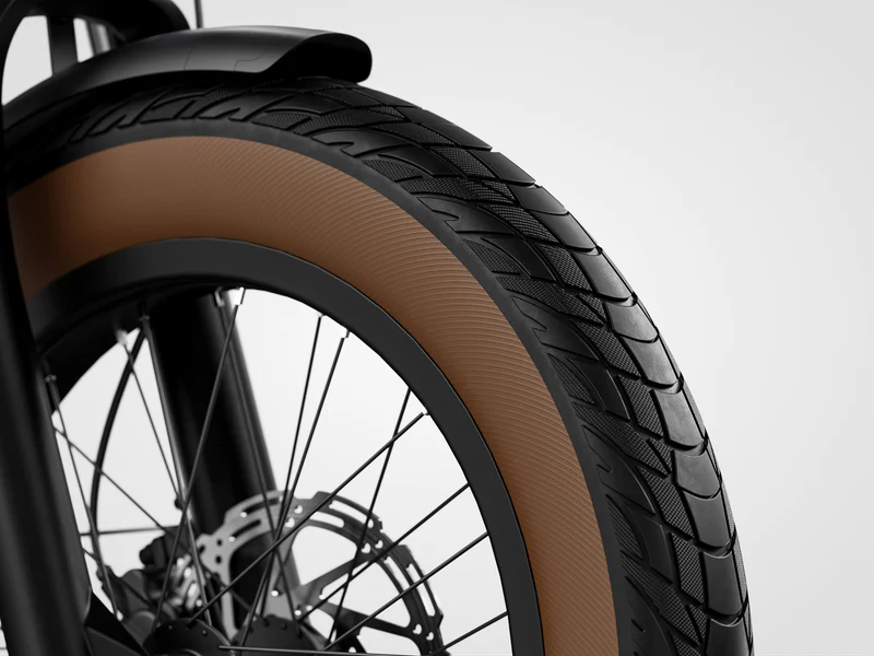 Close-up view of a bicycle wheel featuring a black rim, brown sidewall tire, and disc brake against a plain background.