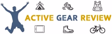 Logo for Active Gear Review featuring a jumping silhouette, the website name, and icons of a tent, sneakers, backpack, yoga mat, hiking boots, and a bicycle.