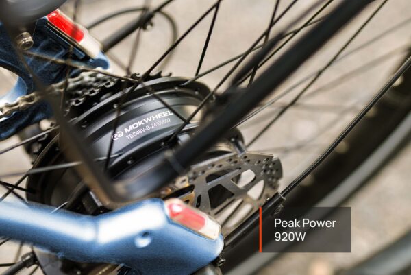 Close-up of the Tarmac Ebike’s rear wheel hub motor labeled “750W 48V,” featuring a brake disc and a text overlay reading “Peak Power 920W.”.