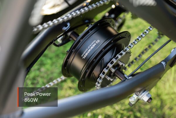 Close-up of the Granite E-Trike's rear wheel hub motor and chain, featuring a "Peak Power 860W" label in the lower left corner.
