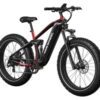 The Obsidian Ebike, shown from a slight side angle, is a black and red fat-tire electric mountain bike featuring a sturdy frame, front suspension, and disc brakes.