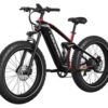 The Obsidian Ebike, shown from a front-side angle, features a black and red design, thick tires, disc brakes, and a sturdy frame.