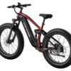 The Obsidian Ebike, shown on a white background, is a black and red electric mountain bike featuring thick tires, disc brakes, and a visible battery mounted on the down tube.