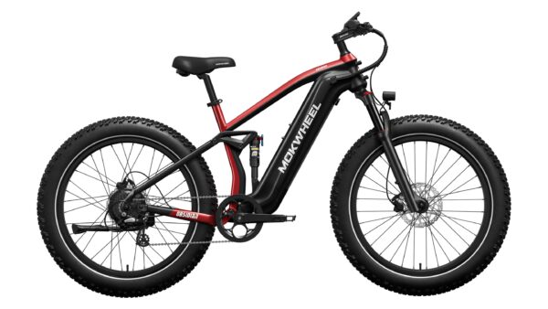 A black and red MOLWHEEL electric fat tire bike with a front suspension fork, disc brakes, and a central battery on the frame.