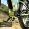 Close-up view of the Basalt ST 2.0 Ebike’s pedal and chain area outdoors, highlighting a labeled "Torque+Cadence Sensor" component.