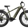 A camouflage-colored electric fat tire bike with a rear rack, thick tires, and a visible battery integrated into the frame.