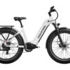 White Maxfoot electric bike with fat tires, rear cargo rack, front suspension fork, and upright handlebars, displayed in a side profile on a white background.